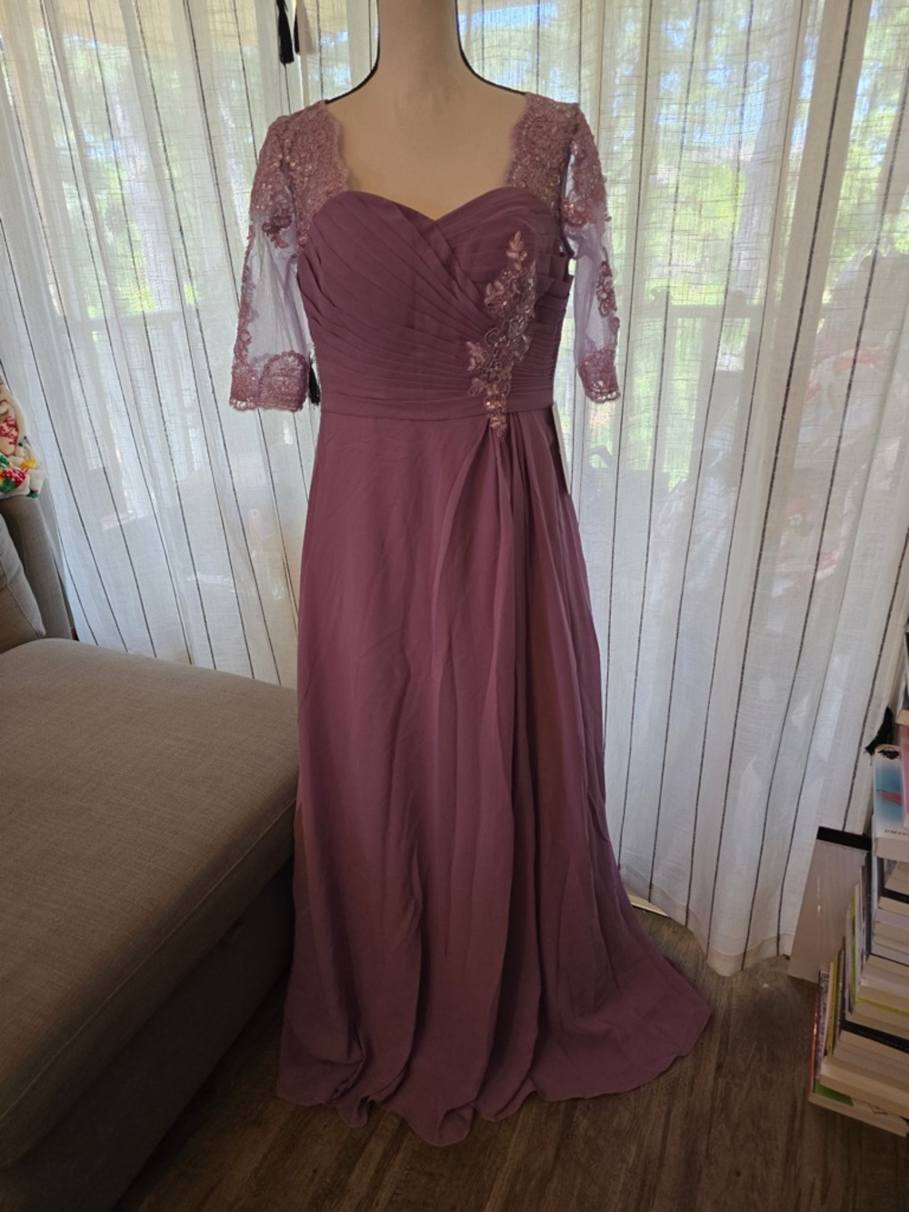 Mauve Lace-Sleeve Chiffon Maxi Dress